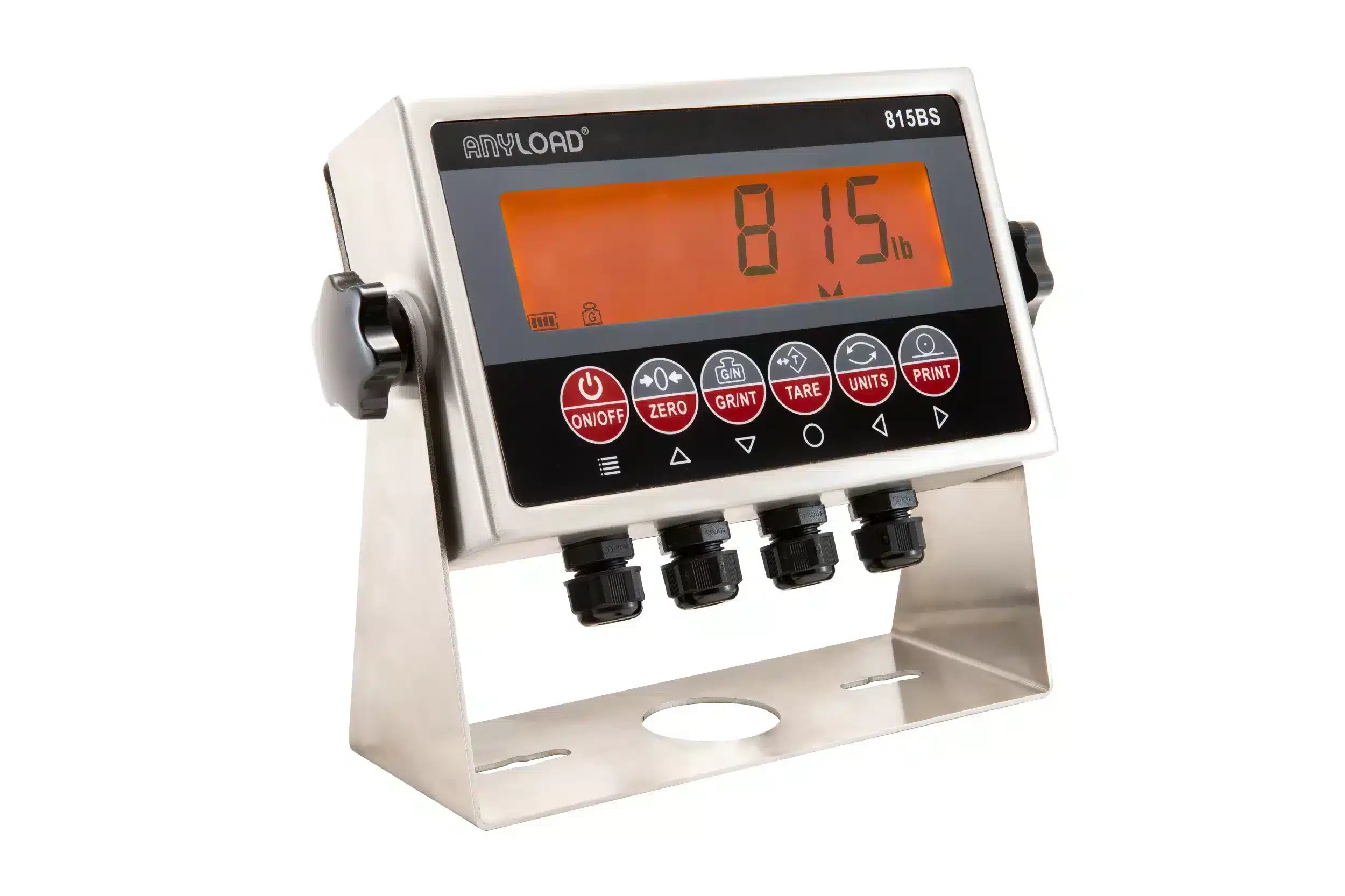 Photo of a scale display with LCD screen above a series of six buttons. Beneath the screen on the chasis are four connectors, and the entire screen is supported by a squared off U bracket connected to the center of either side of the screen.