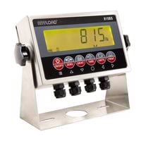 Photo of a scale display with LCD screen above a series of six buttons. Beneath the screen on the chasis are four connectors, and the entire screen is supported by a squared off U bracket connected to the center of either side of the screen.