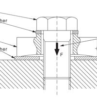a schematic drawing of the cross section of a button load cell, showing how a bolt passes through the middle and the lip of the bolt compresses the load bearing portion of the button load cell