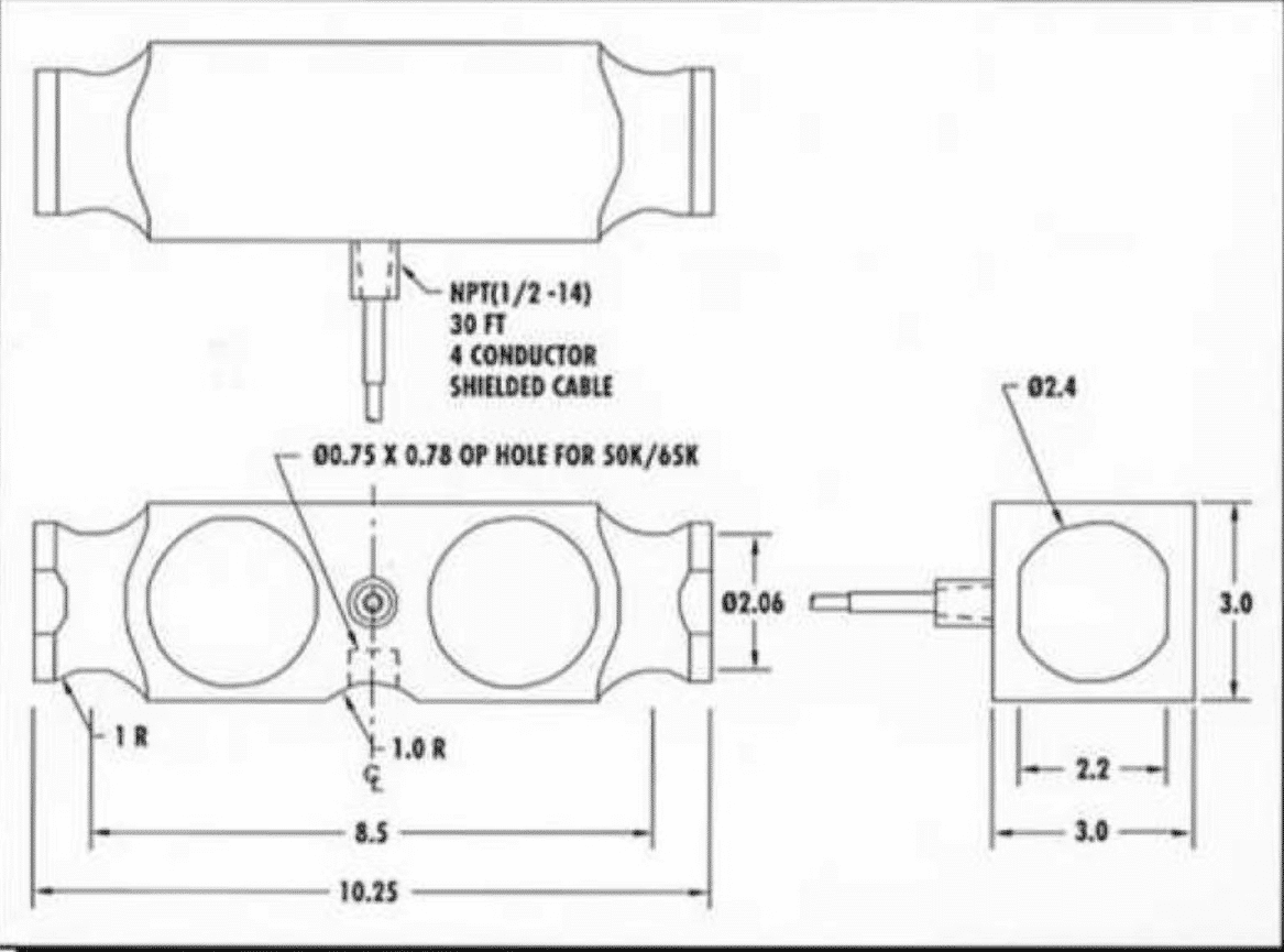 CAD drawing of amcells D S L load cell with link ends