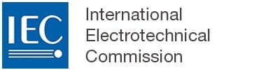 International Electrotechnical Commission logo - a medium blue square with a white "I" "E" "C" in the center. Below the letters are three thin white parallel lines terminated by a white circle to the right, the same height as the collective height of the three parallel lines.