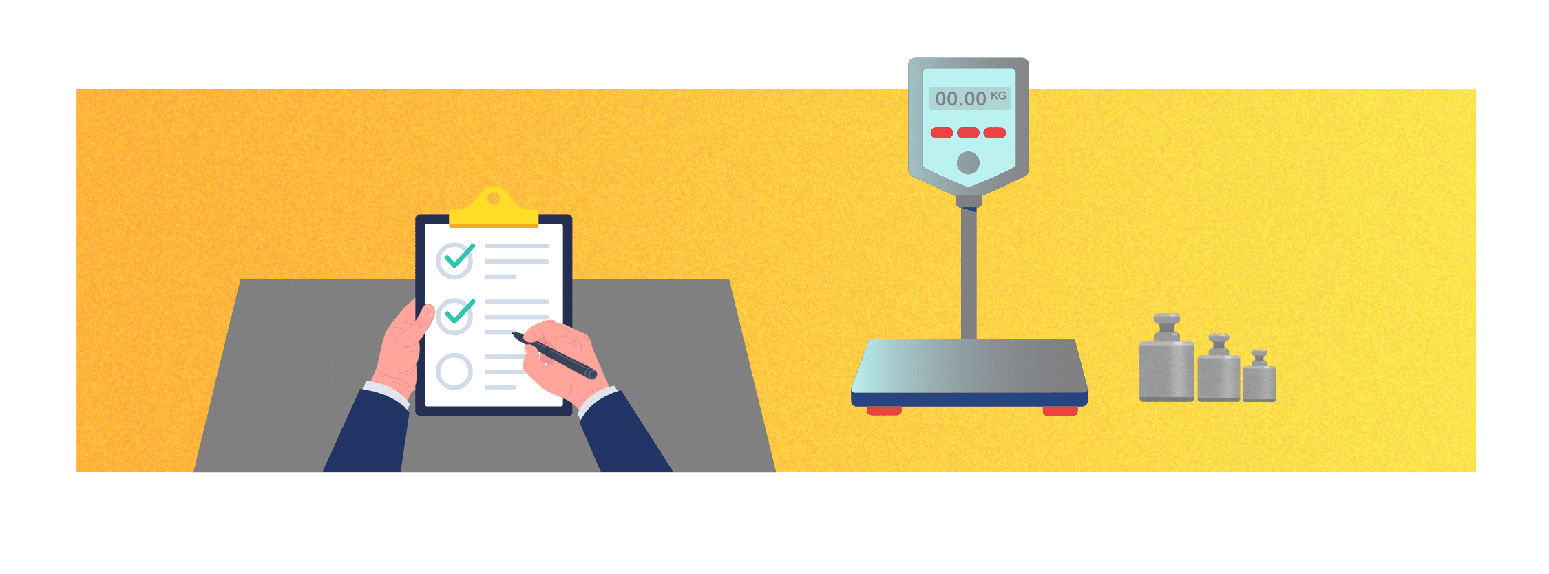 drawing of hands checking of a checklist with a drawing of a floor scale with calibration weights next to it in the background