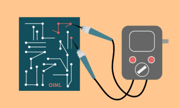 artwork of printed circuit board with multimeter probes touching it