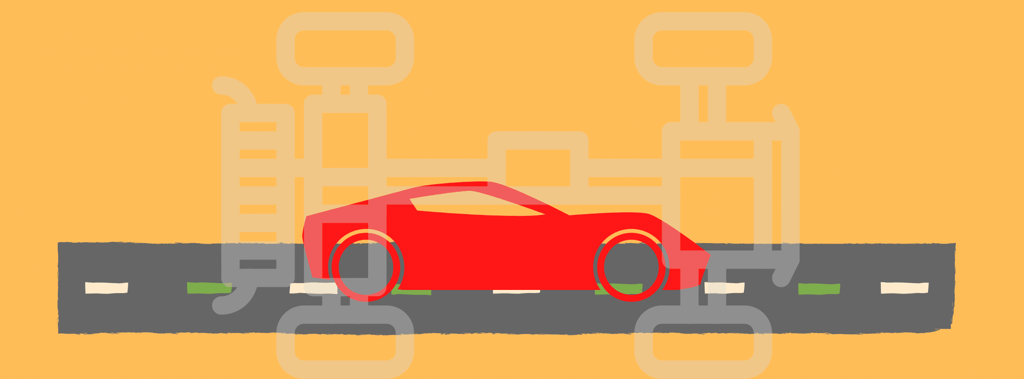 a drawing of a red sports car on a gray road with alternating white and green lane lines. Superimposed on the whole image is a light gray, thick line drawing of an automotive drivetrain