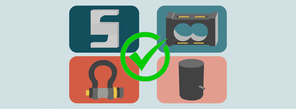 a drawing of four load cell types in grid view: upper left is s-type, upper right is single point, lower left is load pin on a shackle, and lower right is a canister. superimposed in the middle of the image is a green checkmark surrounded by a green circle.