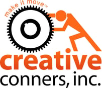 logo for creative conners which is a black gear with an orange stick person of similar size to its right leaning into it appearing to rotate the gear. The words "creative conners, inc" appear in orange and black type beneath the entire image, and the words "make it move" appear in smaller orange type above the gear