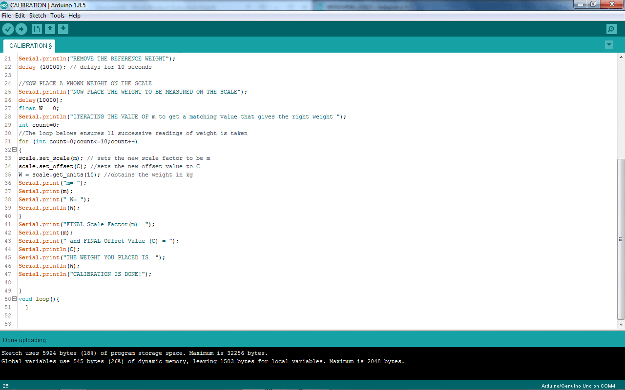 screenshot of code used to calibrate scale