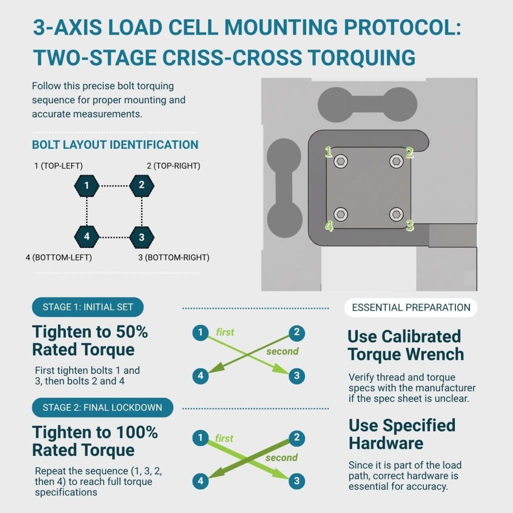 infographic describing criss-cross torquing of mounting bolts per article text