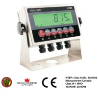 Photo of a scale display with LCD screen above a series of six buttons. Beneath the screen on the chasis are four connectors, and the entire screen is supported by a squared off U bracket connected to the center of either side of the screen.