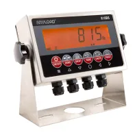 Photo of a scale display with LCD screen above a series of six buttons. Beneath the screen on the chasis are four connectors, and the entire screen is supported by a squared off U bracket connected to the center of either side of the screen.