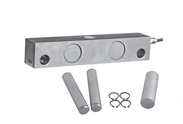 photo of a beam load cell with 3 cylindrical mounting pins and 4 circular clips that hold the pins in place