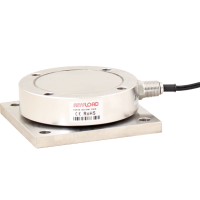 a picture of the ANYLOAD 363TSM1 THINWEIGH™ Compression Weigh Module, a low profile cylindrical compression load cell centered over a squared mounting plate with mounting holes in the corners