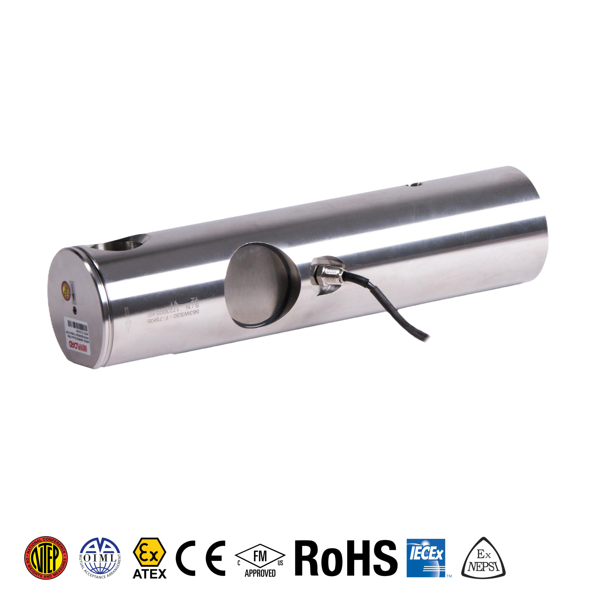 a photo of the anyload 563ws30 load cell, which is a perfect metallic cylinder with a signal wire protruding about half the length, and a circular shape along its side. The object's length is about 5 times its circumference