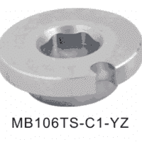 A photo of the ANYLOAD 106TS load cell bottom mounting cup, whose side view cross section looks like a short "T" with wide bottom, and from the top looks like a donut, having the effect of a flanged cup. The flange has a half-cylinder cutout in one place. It is made of steel