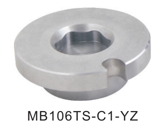 A photo of the ANYLOAD 106TS load cell bottom mounting cup, whose side view cross section looks like a short "T" with wide bottom, and from the top looks like a donut, having the effect of a flanged cup. The flange has a half-cylinder cutout in one place. It is made of steel