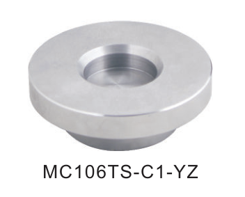 A photo of the ANYLOAD 106TS load cell top mounting cup, whose side view cross section looks like a short "T" with wide bottom, and from the top looks like a donut, having the effect of a flanged cup. It is made of steel