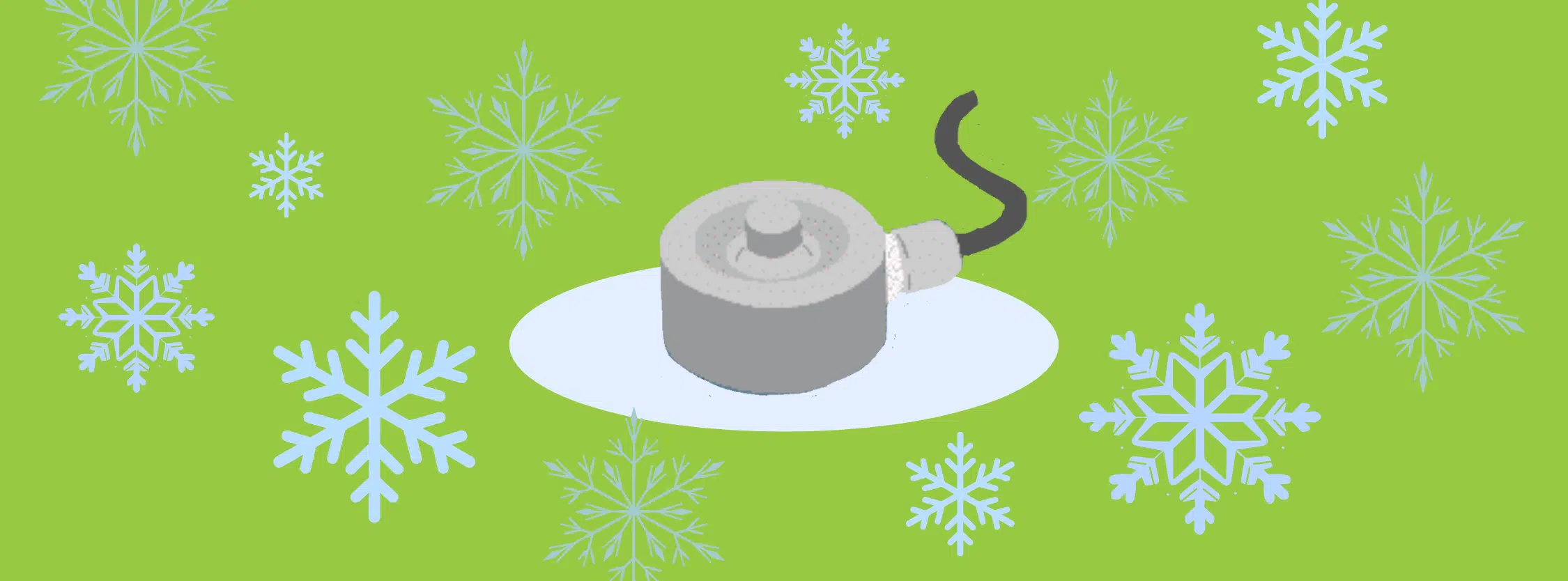 Computer drawing in cartoon style of a disk load cell of gray color surrounded by ice blue colored snowflakes of various sizes. The load cell is highlighted by a very light gray blue oval in its background