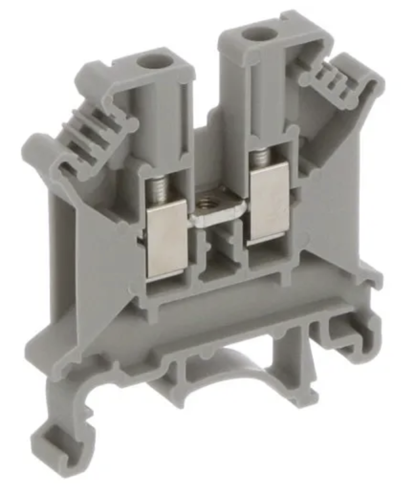 A DIN rail terminal block which appears to be a molded plastic   three dimensional object of almost equal height and width but of a thickness of only about 1/8th the width. The bottom has protrusions, some linear and some curved, that allow the object to clip to a din rail. The object has two vertical channels from the top that house screws that attach to brackets in the center of the object, allowing the brackets to clamp down on wires that can be inserted through cavities on the right and left sides of the object (that is, the cavities are in the narrow sides of the object).