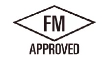 Factory Mutual global testing agency logo - a short, wide diamond with the letters F M inside and the word approved below it