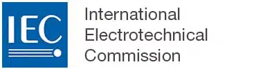 International Electrotechnical Commission logo - a medium blue square with a white "I" "E" "C" in the center. Below the letters are three thin white parallel lines terminated by a white circle to the right, the same height as the collective height of the three parallel lines.