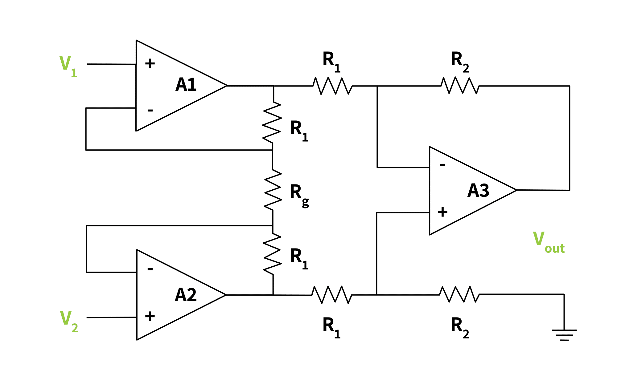 electrical schematic of an instrumentation amplifier