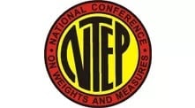 the NTEP logo - a yellow circle with stylized black letters N T E P inside, surrounded by a red border that says National Conference of Weights and Measures in all upper case black letters