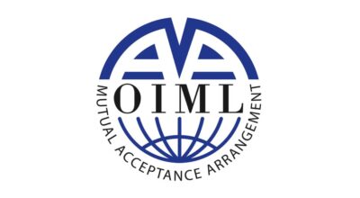 OIML logo which is two rounded letter As in royal blue forming the top half of a circle, the letters O I M L in black at the widest horizontal diameter of the circle, and royal blue longitudinal and one latitudinal lines within the bottom half of the circle. The words Mutual Acceptance Arrangement in all uppercase small black letters form the bottom border of the circle