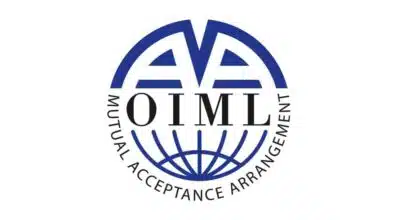 OIML logo which is two rounded letter As in royal blue forming the top half of a circle, the letters O I M L in black at the widest horizontal diameter of the circle, and royal blue longitudinal and one latitudinal lines within the bottom half of the circle. The words Mutual Acceptance Arrangement in all uppercase small black letters form the bottom border of the circle