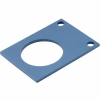 photo of anyload mounting plate which is a rectangular metal plate with one large hole centered on one end of the rectangle, and two small holes near the opposite corners