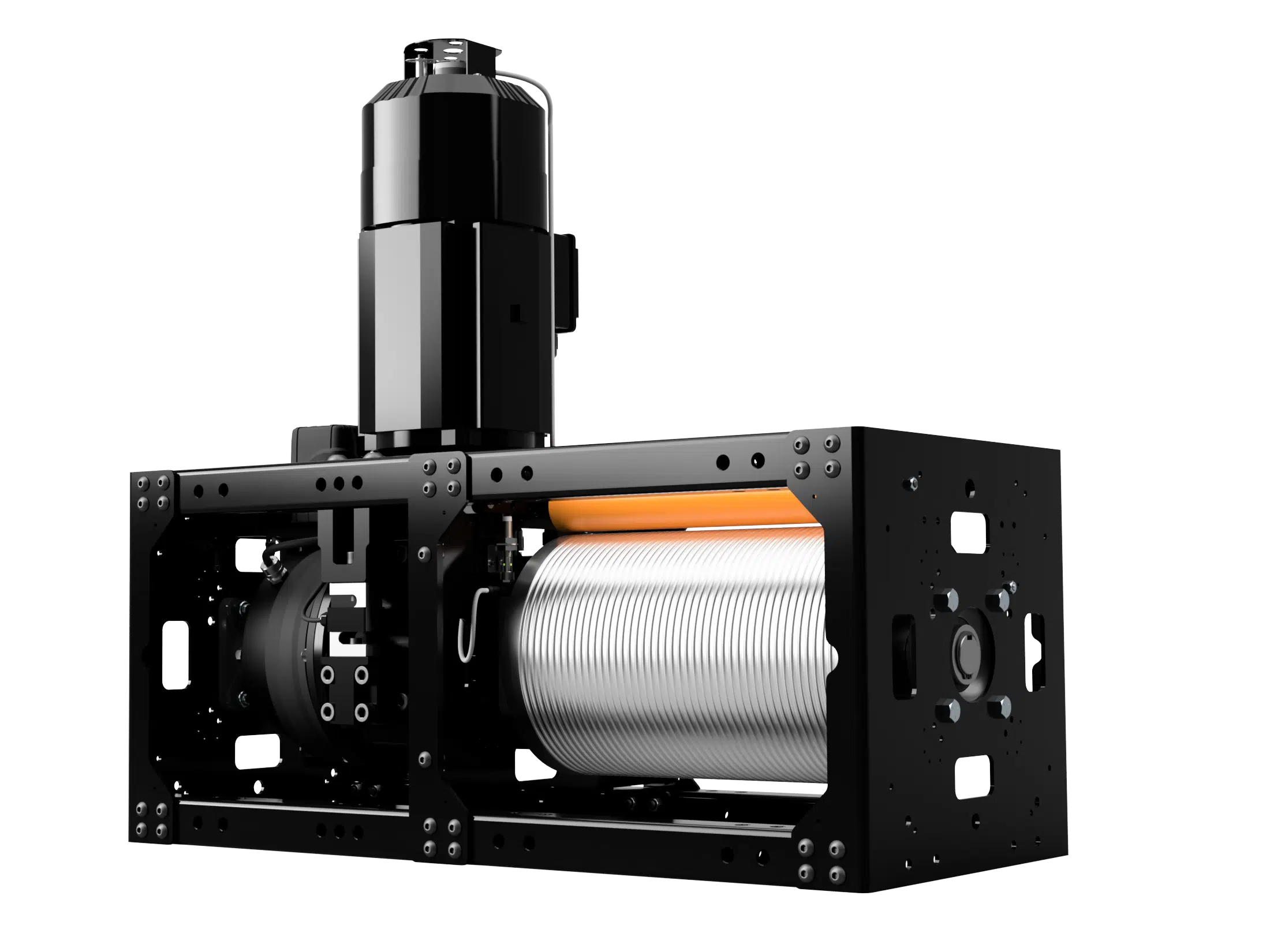 photo of a winch device showing a motor attached to a coil of thick wire that is released and recoiled through an ooutlet cylinder oriented vertically in the photo