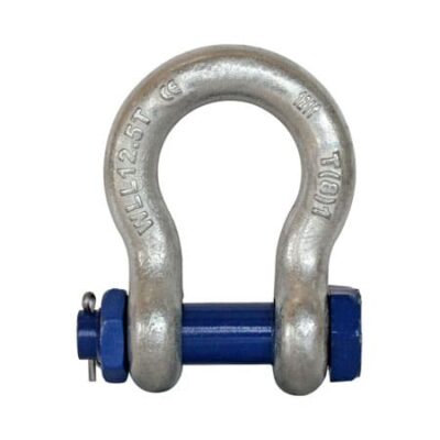 photo of anyload shackle which is metal cast into an omega shape with round cross-section. A bolt connects the two sides at the open end of the omega through eyelets, and the bolt is secured with both a nut and a cotter pin