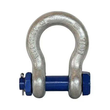 photo of anyload shackle which is metal cast into an omega shape with round cross-section. A bolt connects the two sides at the open end of the omega through eyelets, and the bolt is secured with both a nut and a cotter pin