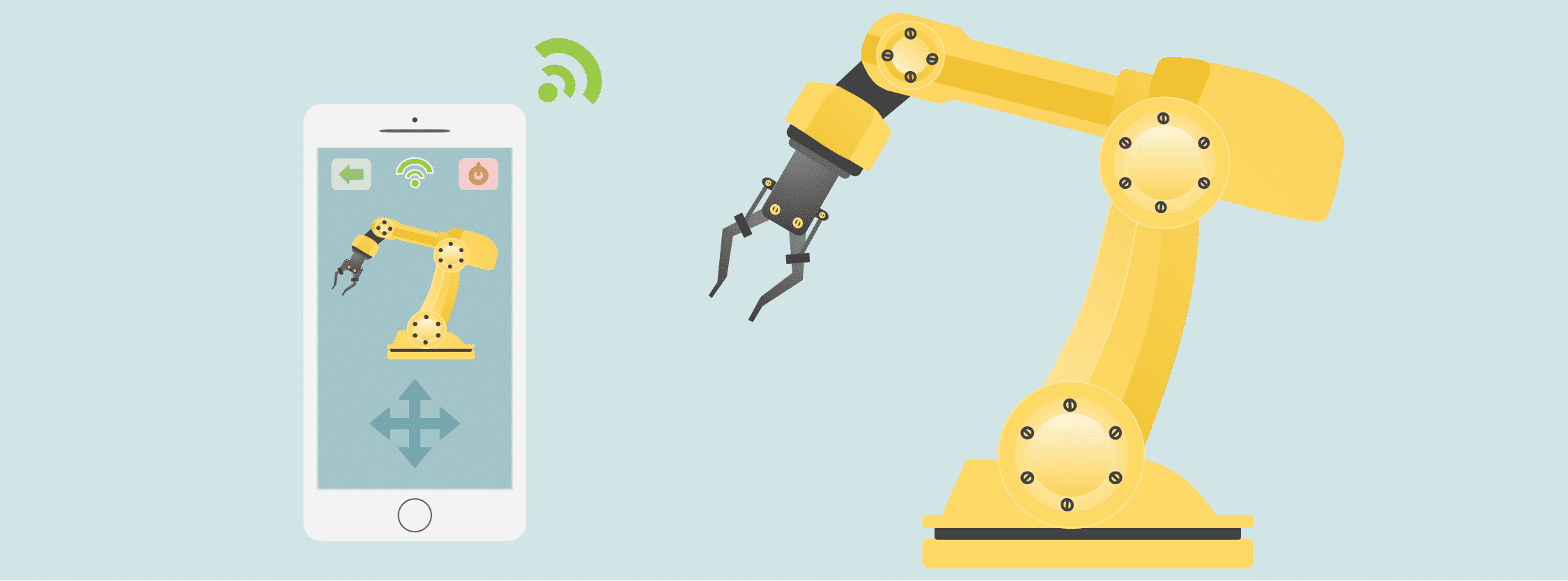 banner artwork of a robot and a phone app showing the robot on the screen