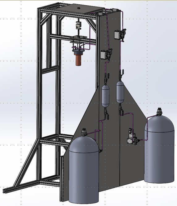 Drawing of rocket engine test stand showing frame to support engine and also fuel tanks and fuel lines to supply the engine. An AmCells STL load cell is at the top of the frame to measure vertical thrust.