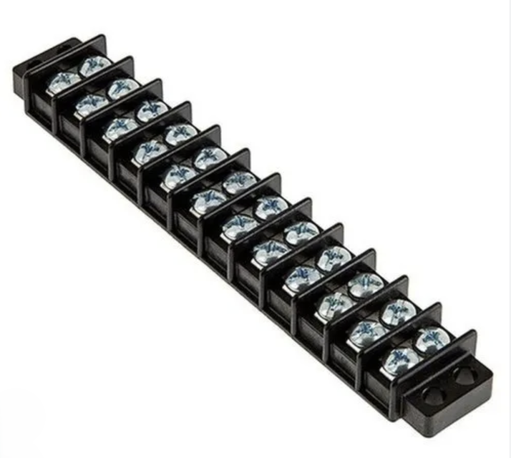 a long black plastic strip of length about six times its width and a depth of about half its width. It has twelve pairs of screws along its length; each screw pair crosses the object's width. Thirteen raised fins crossing the object's width at regular intervals along its length separate each pair of screws.