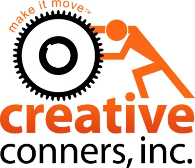 logo for creative conners which is a black gear with an orange stick person of similar size to its right leaning into it appearing to rotate the gear. The words "creative conners, inc" appear in orange and black type beneath the entire image, and the words "make it move" appear in smaller orange type above the gear