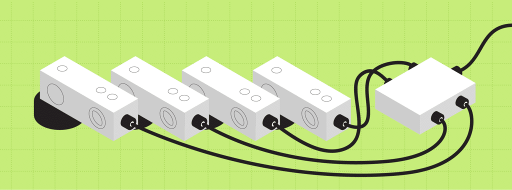 A technical 3D isometric illustration of a load cell quadro kit, featuring four white single ended shear beam load cells, equipped with feet accessories, and connected via black cables to a central junction box against a lime green grid background.