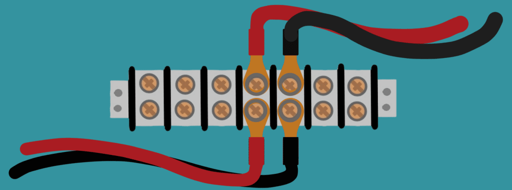 computer drawing of a strip terminal block arranged horizontally. This is a gray rectangle with 8 black vertical stripes set at equal intervals. Between each vertical stripe are two screw heads aligned vertically. Attached to the fourth and fifth screw from the left, a red and black wire are attached, respectively, extending from the top and branching to the right. In the same two columns of screw terminals, a red and black wire clipped to the bottom and extending to the left.